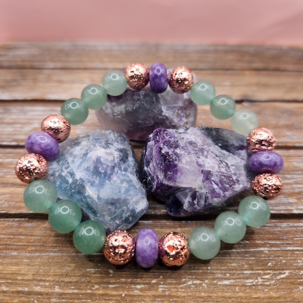 Green Aventurine, Caroite, and Lava Rock Beaded Bracelet - Picture 1 of 1